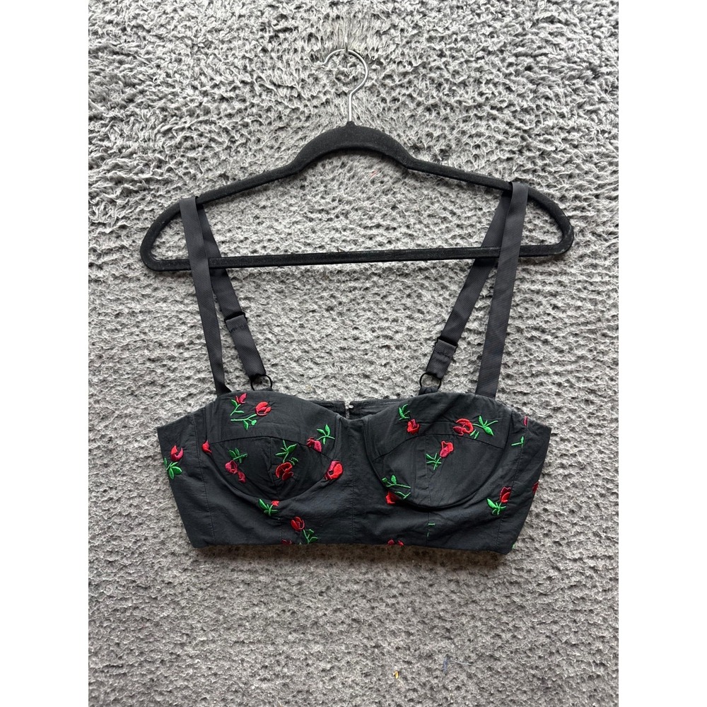 Rachel Antonoff Embroidered Cotton Karen Bra Top Black Rose Womens Size 4